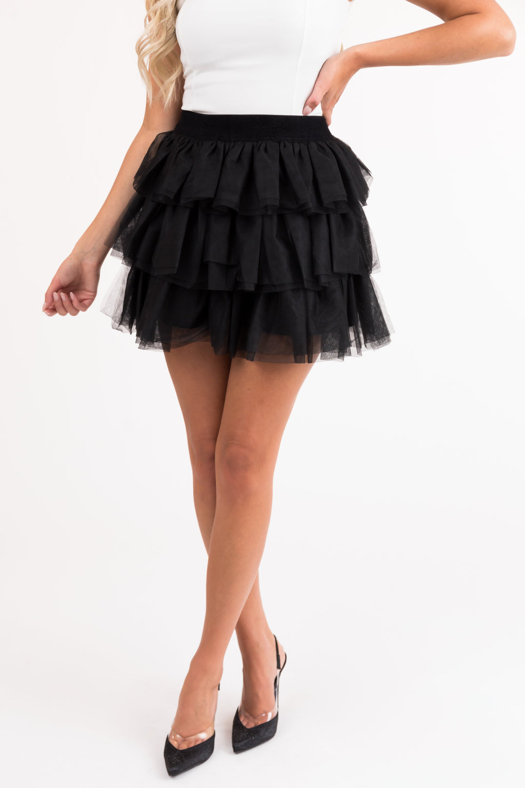 Black Tulle Mini Skort With Layered Ruffles