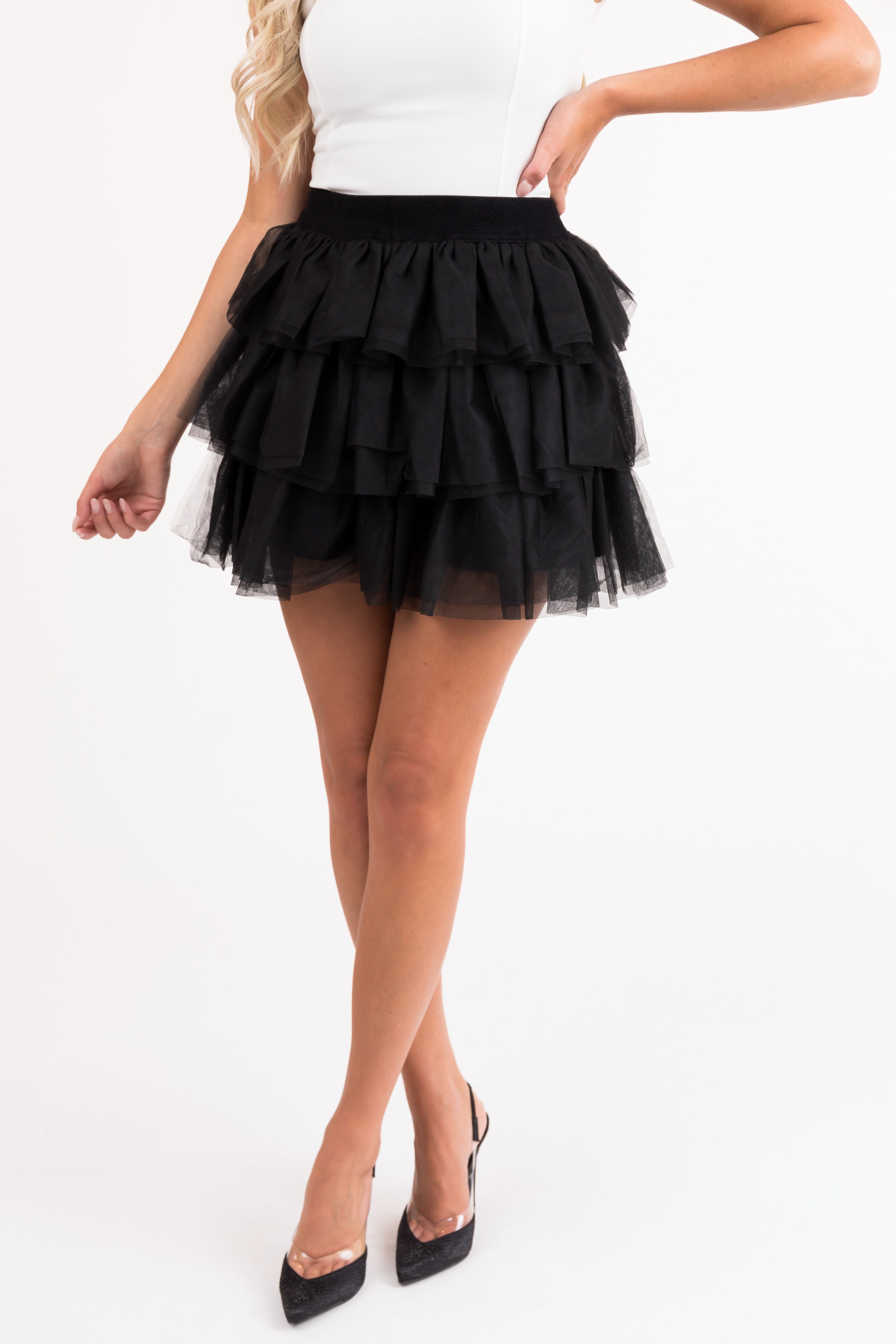 Black Tulle Mini Skort With Layered Ruffles