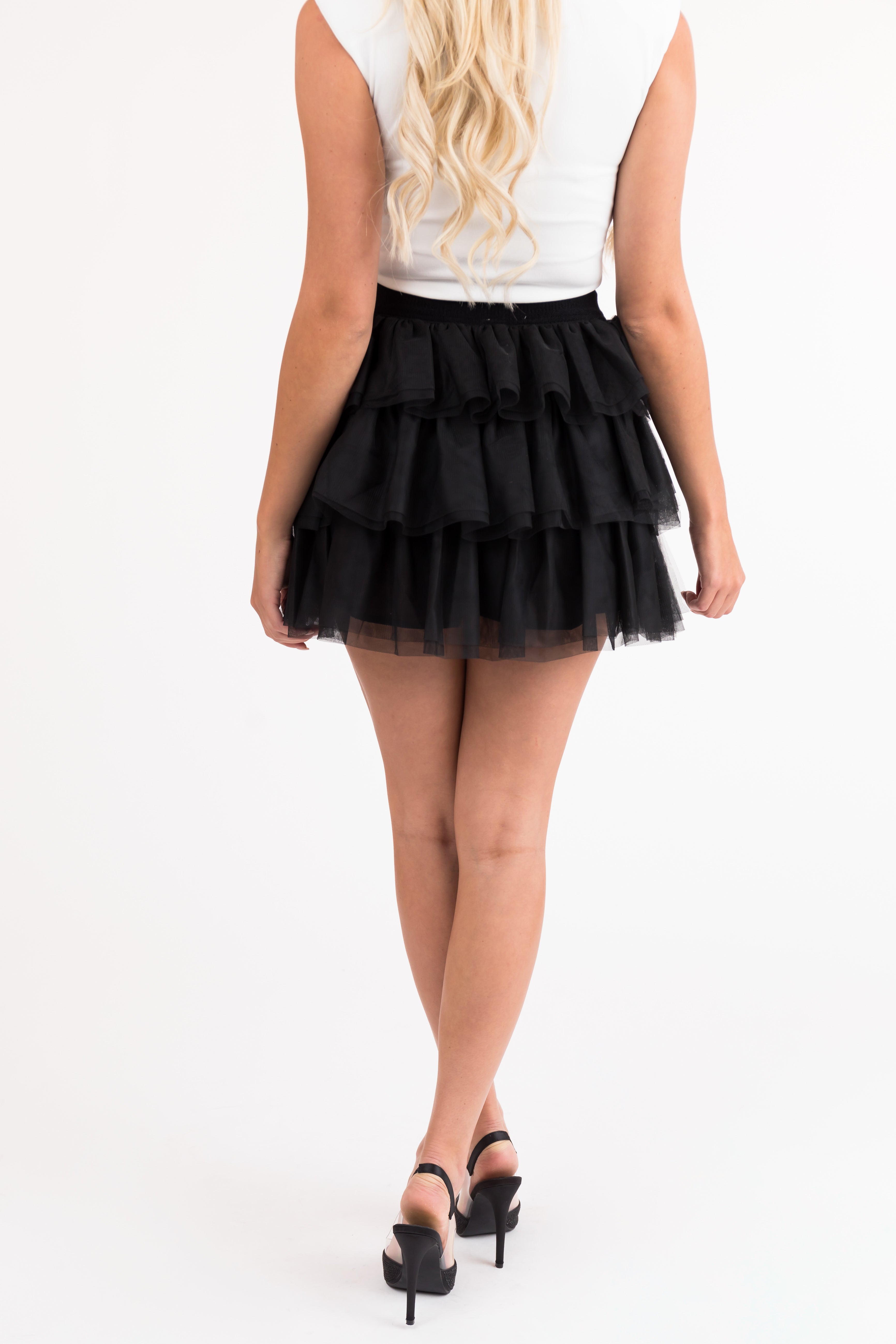 Black Tulle Mini Skort With Layered Ruffles